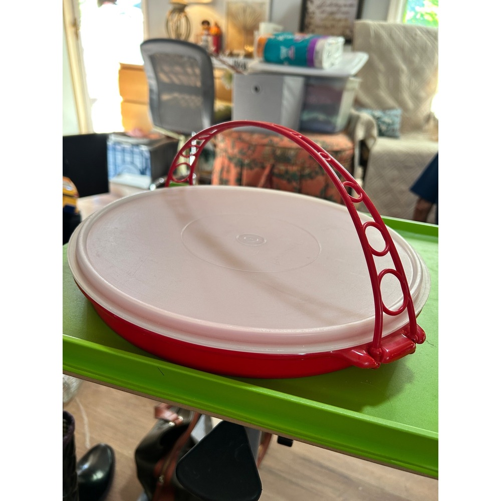 Vintage Tupperware Red Divided Party Veggie Tray with Lid and Handle 12.5 Inch